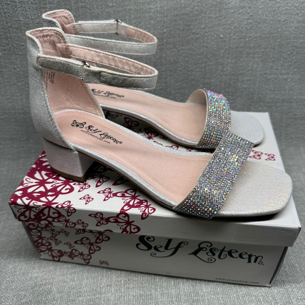 Self Esteem Girls Block Heel Sandals Silver Glitter Dress Shoes Size 3